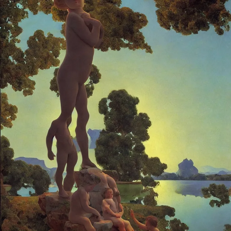 Image similar to A Monumental Public Sculpture of a 'Giant Child made of green marble watching the stars' on a pedestal by the lake, surreal oil painting by John Singer Sargent and Maxfield Parrish and Max Ernst shocking detail hyperrealistic!! Cinematic lighting