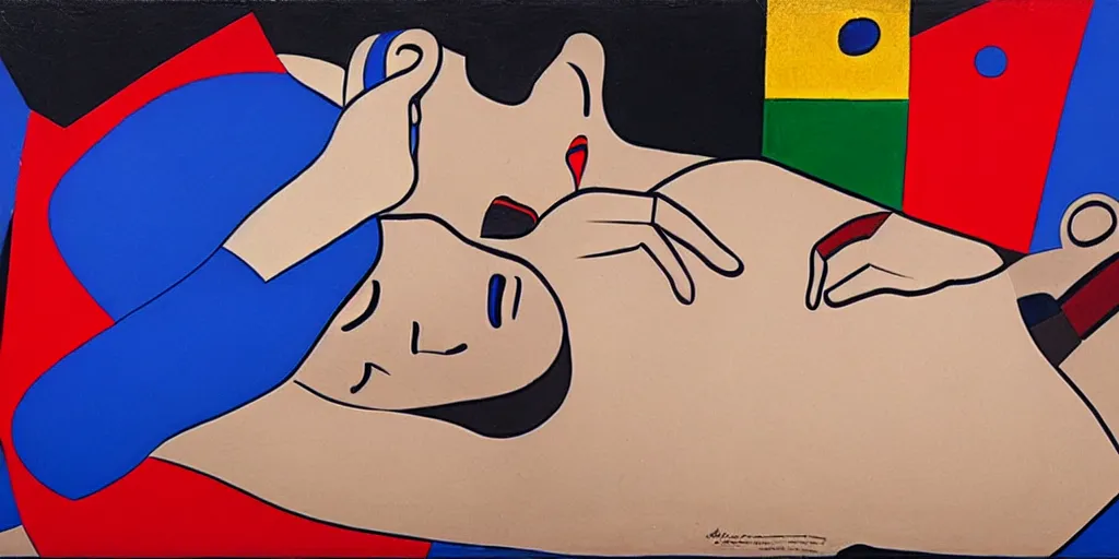 Image similar to a man being overcome by love, blue red black yellow, detailed painting by painting by man ray and pablo amaringo