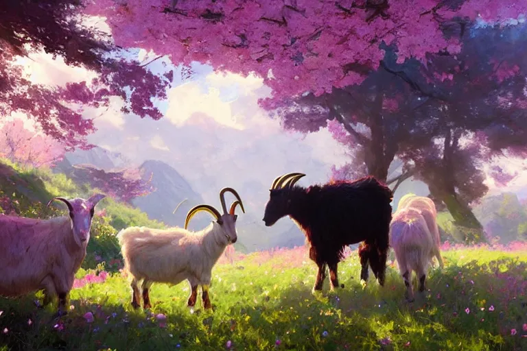 Image similar to goat surrounded by rainbows with his goat friend, marijuana trees, sakura trees, sakura season dynamic lighting, landscape, artwork by jeremy lipkin and giuseppe dangelico pino and michael garmash and rob rey and greg manchess and huang guangjian and makoto shinkai, pixiv, 1 0 0 mm