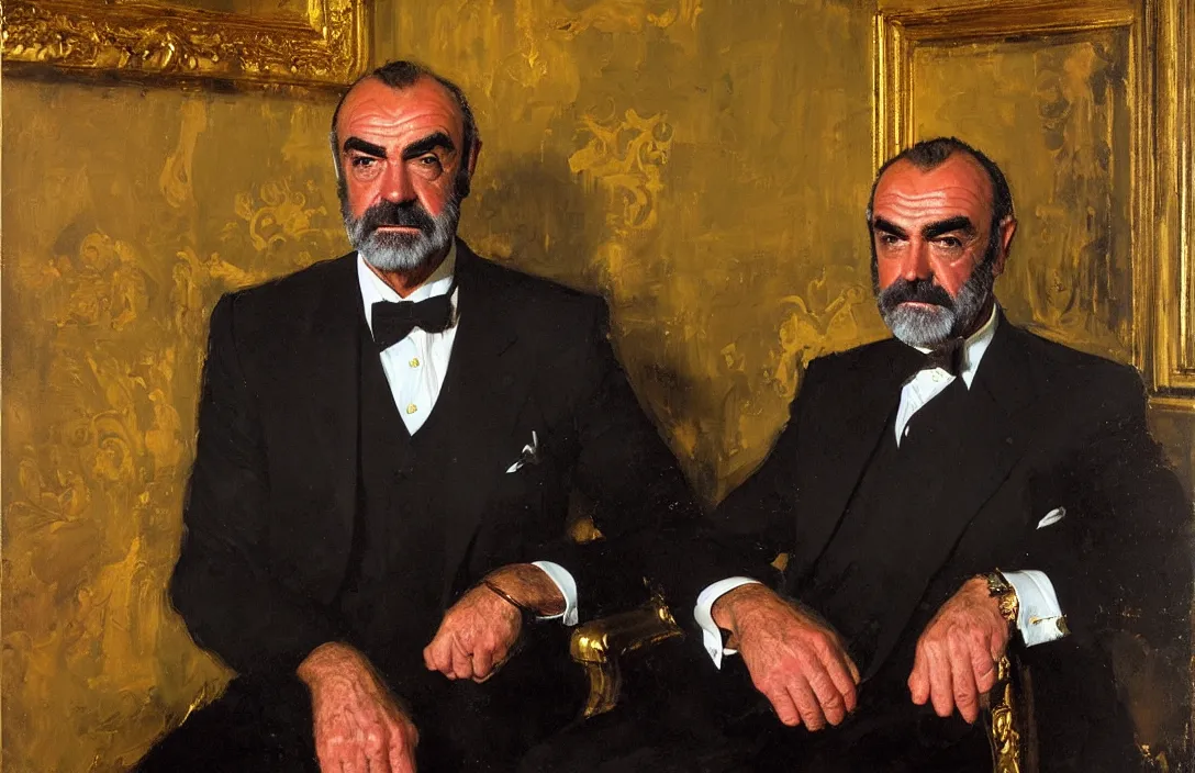 Image similar to portrait of sean connery!!!!!!!!!!!!!!!!!!!!!!!!!!!, detailed face, detailed painting, detailed no. 1 0 downing street, epic lighting, by ilya repin and phil hale