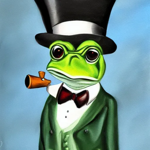 Image similar to a frog in a tuxedo with a top hat smoking a pipe, oil painting, portrait