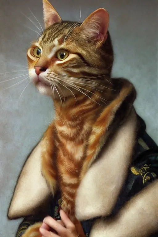 Prompt: close - up anthropomorphic tabby cat with a pearl earring in the ear, in a rich winter russian furcoat!!, beautiful, cinematic lighting, highly detailed, digital art, oil painting, highly detailed, sharp focus, matte painting, renaissance painting, by orest kiprensky, by alphonse mucha, by leyendecker, by rutkowsky,