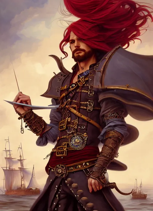 Image similar to upper body shot of male pirate, D&D, handsome, fantasy, intricate, long hair, steampunk airship in backdrop, steampunk, red hair, elegant, highly detailed, digital painting, artstation, concept art, smooth, sharp focus, illustration, art by artgerm and greg rutkowski and alphonse mucha