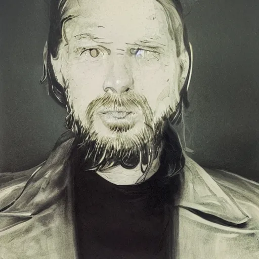 Image similar to Thom Yorke, a man with a beard and a black jacket, a portrait by John E. Berninger, dribble, neo-expressionism, uhd image, studio portrait, 1990s