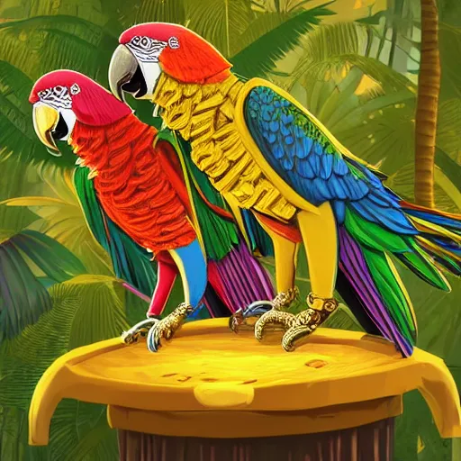 Image similar to parrots dressed in golden rings, necklaces and with caps on head, rapping and sitting on golden trees, rap scene, jungle concept art, trending on artstation, highly detailed, digital art, 8 k