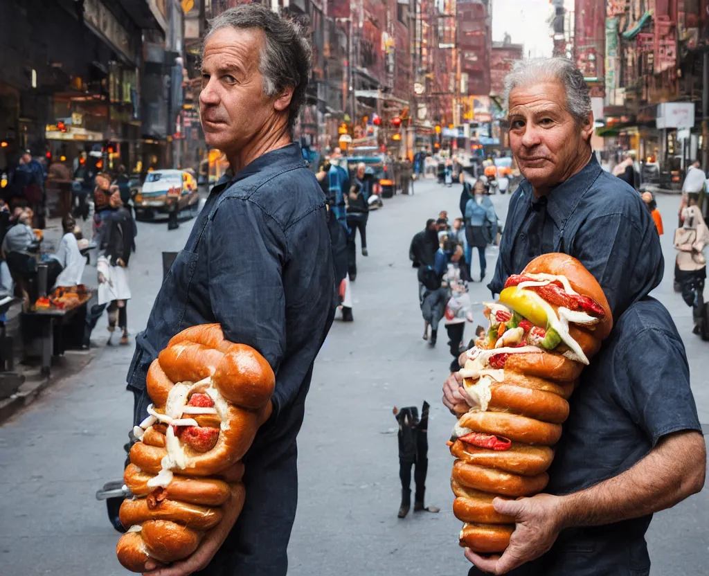 Image similar to closeup portrait of a man carrying a giant hotdog, smoky new york back street, by Annie Leibovitz and Steve McCurry, natural light, detailed face, CANON Eos C300, ƒ1.8, 35mm, 8K, medium-format print