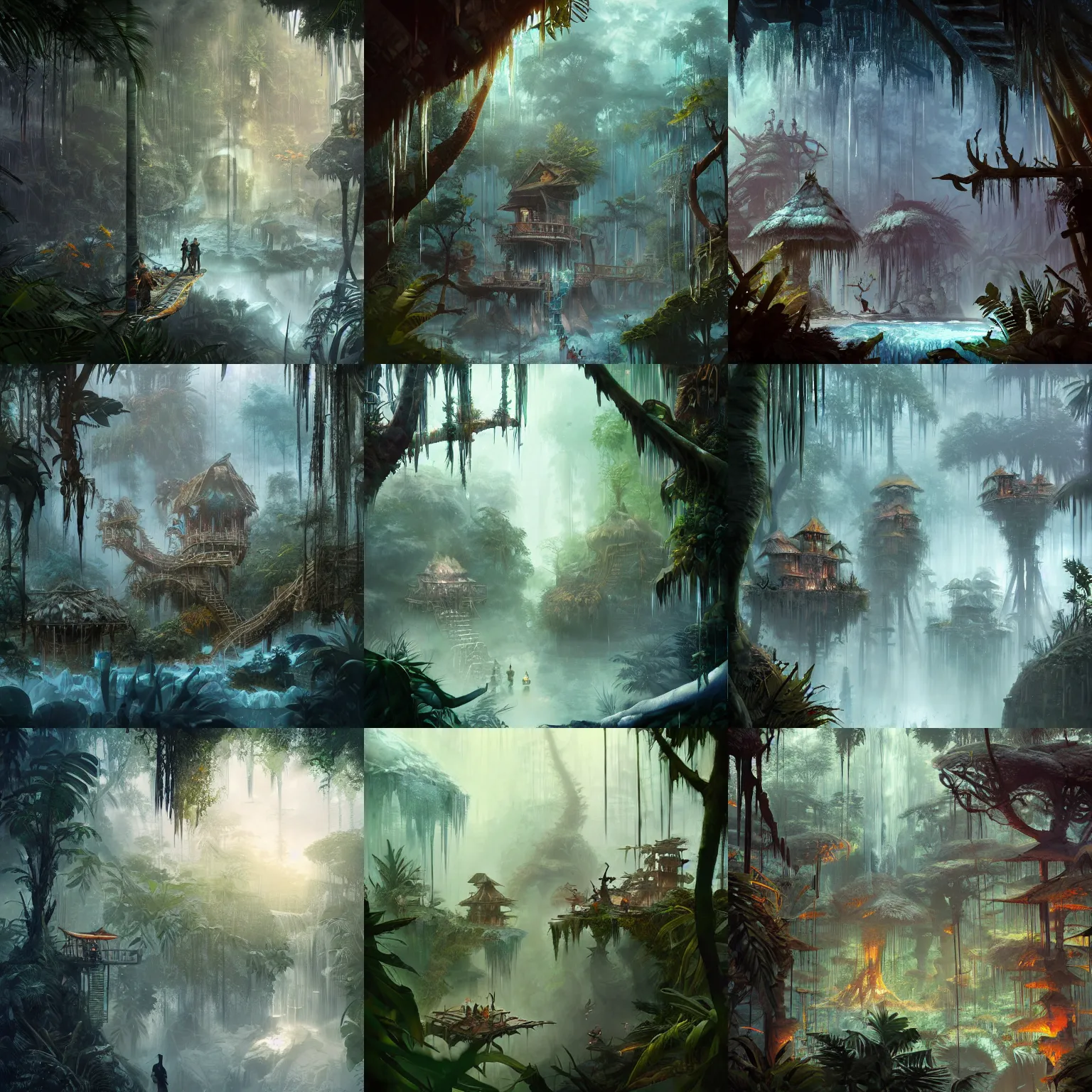 Prompt: frozen amazonian jungle with native treehouses, by peter mohrbacher dan mumford craig mullins nekro, cgsociety, pixiv, volumetric light, 3 d render