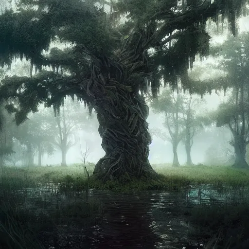 Prompt: a beautiful tree in the middle of a swamp, digital Art, Greg rutkowski, Trending artstation, cinematic