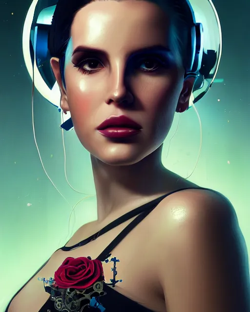 Image similar to portrait of lana del rey as a cyberpunk cyborg. roses, sci - fi, missing panels, intricate abstract, upper body, intricate artwork, by tooth wu, wlop, beeple, dan mumford. concept art, 8 k octane render, deviantart, greg rutkowski, cinematic, key art, hyperrealism, iridescent accents