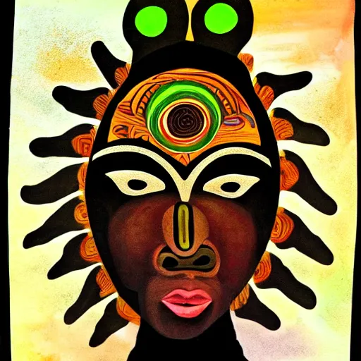 Prompt: Art in the style of Octavia Ocampo, Gaia, Mother Earth, side portrait, tribal mask inside mask, afrocentric mysticism