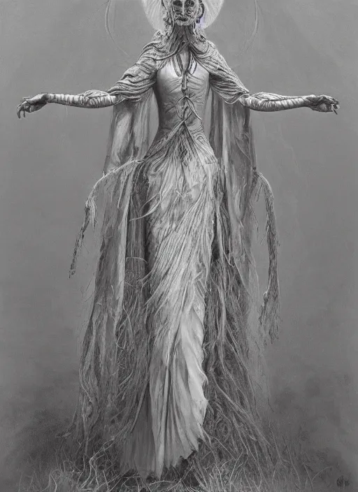 Prompt: full body portrait of marzanna slavic goddess with six arms in traditional slavic clothes : concept art zdzisław beksinski, hd, 4 k, ultra clear detailed : dark color gamma