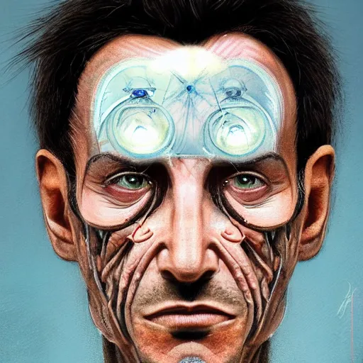 Image similar to surreal portrait of a man by Greg Rutkowski, symmetrical face, he is about 50 years old, short black hair with bangs, his features are a mix between French, Turkish and Russian, transformed into a kind of biomechanical transhuman god, blue glowing eyes, expression of epiphany and determination, cosmic void background, frightening, fascinating, highly detailed portrait, digital painting, book cover, artstation, concept art, smooth, sharp foccus ilustration, Artstation HQ