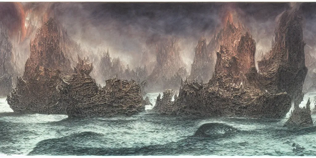 Image similar to artwork by john howe of the ruthless leviathan, cavern, 8 k, centered, highly detailed