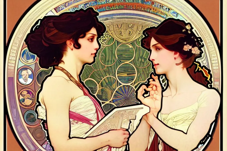 Prompt: portrait of two wise and very beautiful women discussing some texts appearing in a computer screen, art by alphonse mucha, intricate, elegant, highly detailed, smooth, sharp focus, artstation