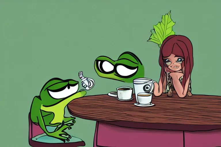 Image similar to studio photo!!! of a punk girl on a date with pepe! the frog! drinking coffee, highly detailed, 8 k, natural lighting