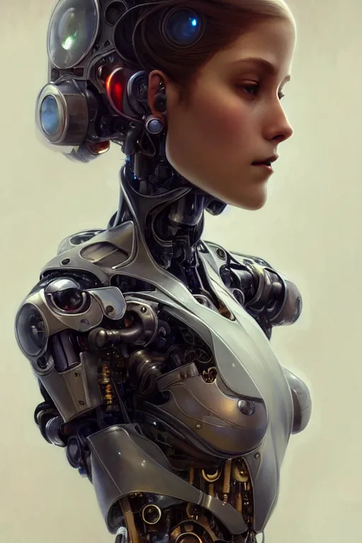 Image similar to beautiful crying! female mechanical android!, half portrait, intricate detailed environment, photorealistic!, intricate, elegant, highly detailed, digital painting, artstation, concept art, smooth, sharp focus, illustration, art by artgerm and greg rutkowski and alphonse mucha