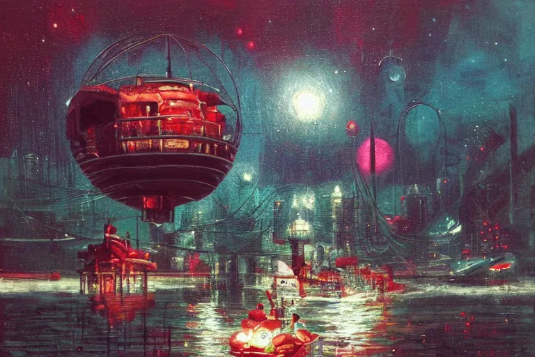 Image similar to river boats speeding between spherical tree houses on flooded streets of new york painting, red and green palette, night lights, starry sky, by ( h. r. giger ) and paul lehr