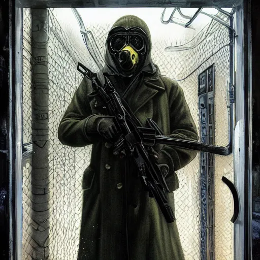 Prompt: UHD hyperrealistic photorealistic detailed image of a man in a longcoat and gas mask wielding an AN-94 from the Stalker video game series standing in front of an laboratory door, in a ruined and dark underground lab by Ayami Kojima Amano Karol Bak, Greg Hildebrandt and Mark Brooks