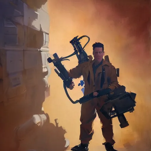 Image similar to greg manchess portrait painting of partially armored ghostbuster peter venkman overwatch character, medium shot, asymmetrical, profile picture, organic painting, sunny day, matte painting, bold shapes, hard edges, street art, trending on artstation, by huang guangjian and gil elvgren and sachin teng