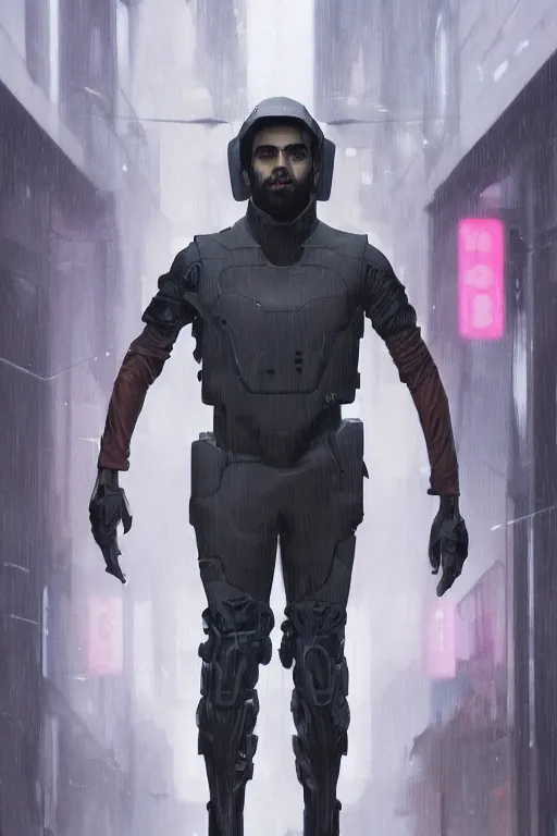 Prompt: a full body portrait oil painting illustration of rahul kohli by justin sweet and greg rutkowski and alphonse mucha with face and body clearly visible, techwear, futuristic, cyberpunk, raining! artstation trending, high quality, colourful! artstation trending, abstract colours, no crop, entire character!,