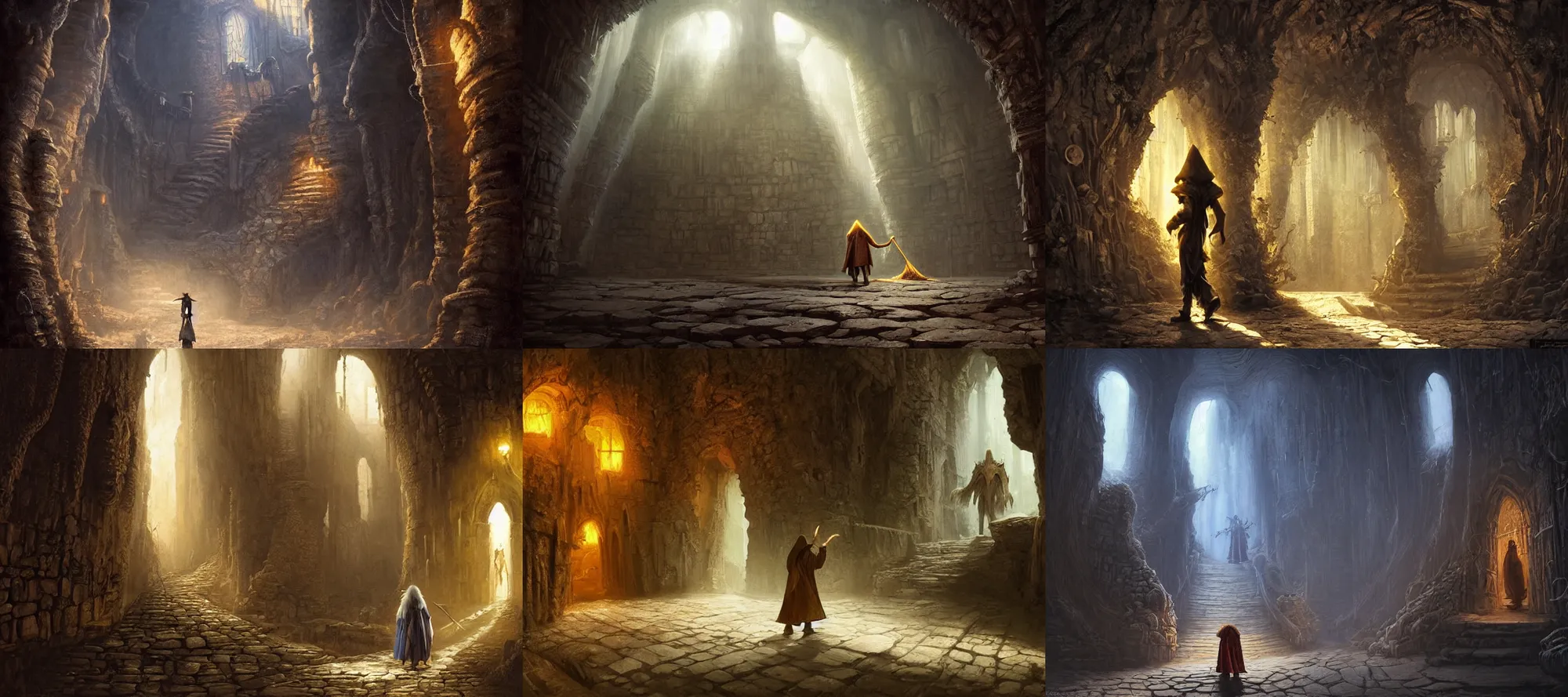 Prompt: a wizard walking through a dungeon, looks like it's from labyrinth, dark crystal and bazaar, painting by raphael lacoste, ultrawide angle, f 1 6, golden ratio, f 3 2, well composed, cohesive