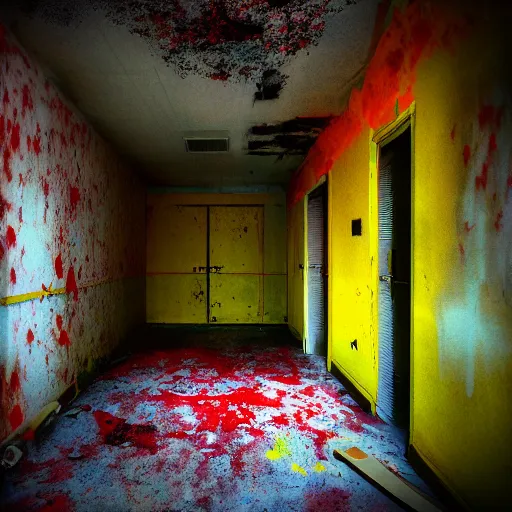 Image similar to lomo photo of ghost in abandoned hospital, red splatters on the wall, yellow floor, washed colors, dark, moody, creepy, foggy