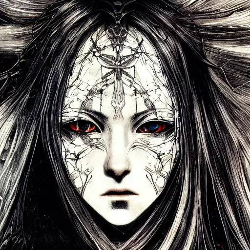 Image similar to yoshitaka amano realistic illustration of an anime girl with black eyes, wavy white hair fluttering in the wind and cracks on her face wearing elden ring armor with engraving, abstract black and white patterns on the background, noisy film grain effect, highly detailed, renaissance oil painting, weird portrait angle, three quarter view