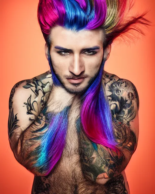 Prompt: a man with metallic multicolored hair, photo portrait