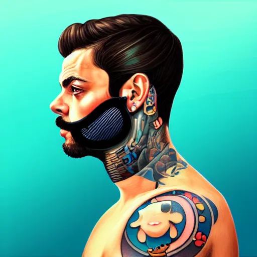 Image similar to a profile photo of a man with underwater helmet with tattoos on arm and neck, side profile in underwater, highly detailed, digital painting, artstation, illustration by Sandra Chevrier