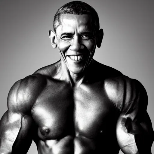 Image similar to very muscular obama, 8k, black and white photo, professional photography