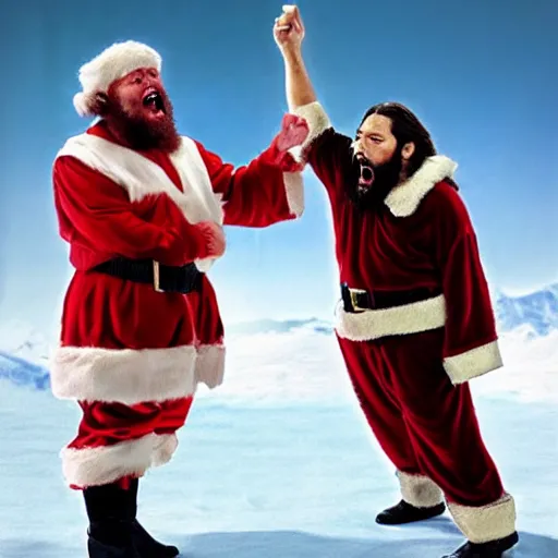 Image similar to Santa and Jesus angrily screaming at each other, 80s movie action battle, live action cinematography, crying ice cream baby