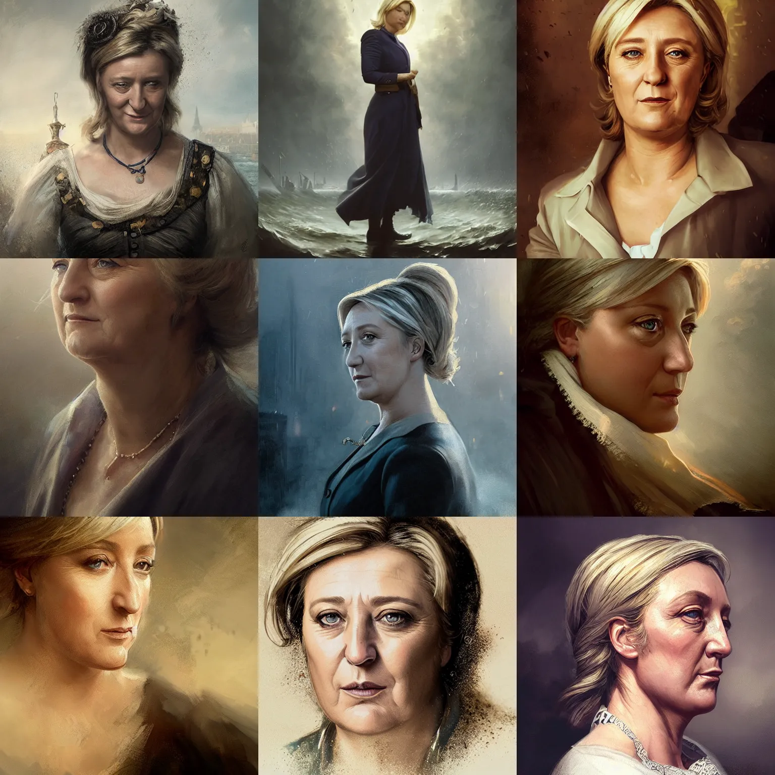 Image similar to Portrait of Marine le Pen , french revolution, amazing splashscreen artwork, splash art, head slightly tilted, natural light, elegant, intricate, fantasy, atmospheric lighting, cinematic, matte painting, detailed face, by Greg rutkowski