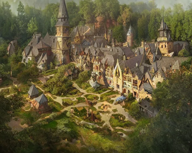 Image similar to small medieval village next to a forest, aerial view, deep focus, d & d, fantasy, intricate, elegant, highly detailed, digital painting, artstation, concept art, matte, sharp focus, illustration, hearthstone, art by artgerm and greg rutkowski and laura sava and alphonse mucha