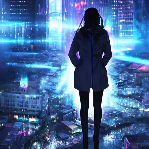 Prompt: gaussian blur, city reflections, 300mm lense , lense flare, fire particles in front, depth of field, rim lights, glitches, anime, advanced digital art, neon lighting , girl with a dark blue long futuristic trench coat kneeling among the rubble of a ruined city , holograms are visible in the background in the style of Ghost in the Shell. —h 1080 —w 1920