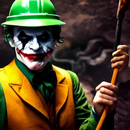 Image similar to cinematic shot of the joker wearing a miner helmet and holding a pickaxe in a cave full of shiny bright minerals, 8 k, very detailed, very intricate,