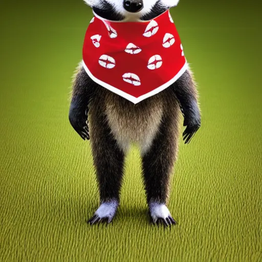 Image similar to a humanoid friendly badger walking on white background towards the camera, he‘s wearing a red neckerchief, digital render