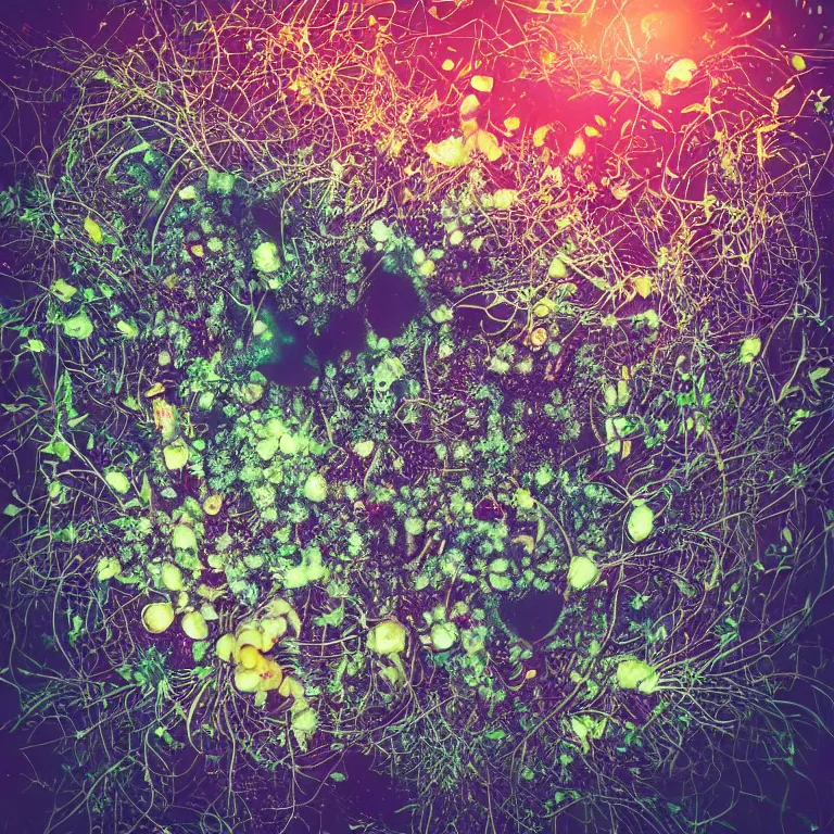 Image similar to double exposure of dally life, symbols of live, explosion, different sprouts and microgreens on mushrooms, cyber mushroom city, mushroom matrix, love is the most relevant theme, 8 k resolution, artistic mode, artistic, trending on instagram, long exposure, love art, serious, fantasy and dreams vibes, mushrooms style and macro style, spring vibes in twilight or sunset lights