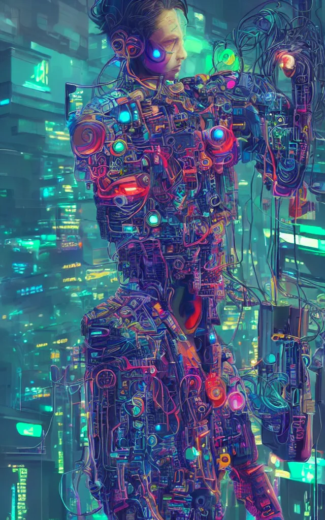 Prompt: a stunning rendition of full-body young cyberpunk male connected to technology by lots of wires, very intricate, hyper realistic, octane render, very colorful, vibrant, cinematic, amazing details, by Josan Gonzalez, by Max Prentis