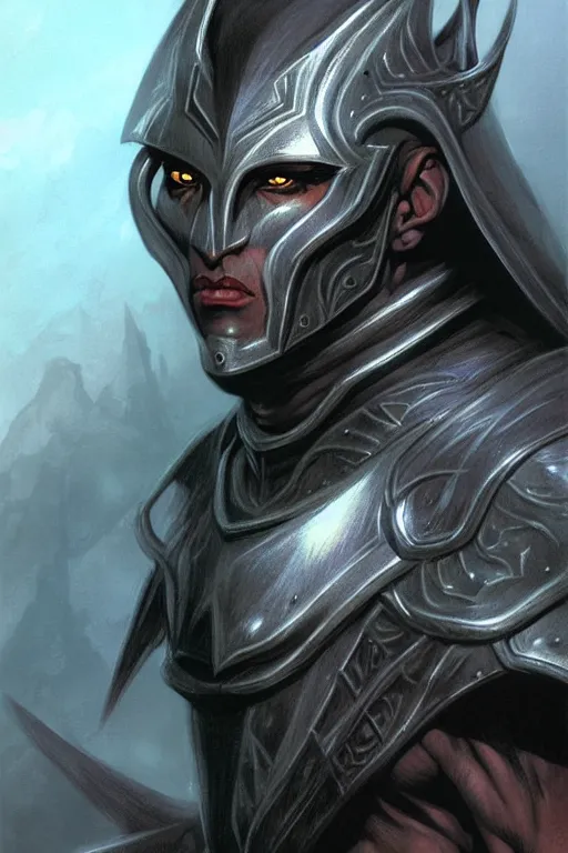 Image similar to head and shoulders portrait of an eldrich knight, drow, dark elf, shadar kai, armored, magical, male, high fantasy, d & d, by boris vallejo, face details, extremely detailed, digital illustration