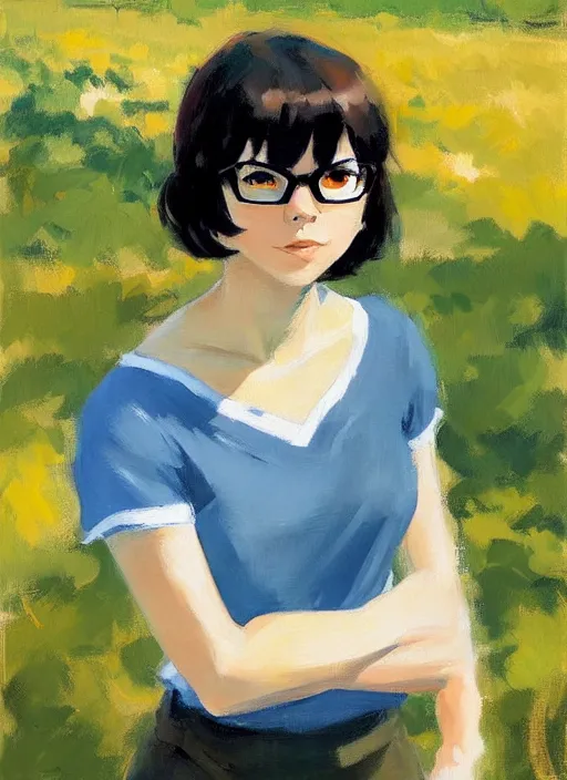 Image similar to Greg Manchess painting of Velma Dinkley, anime style, countryside, calm, fantasy character portrait, dark outlines, dynamic pose, above view, sunny day, artwork by Makoto Shinkai, very coherent asymmetrical artwork, sharp edges, perfect face, simple form, 100mm