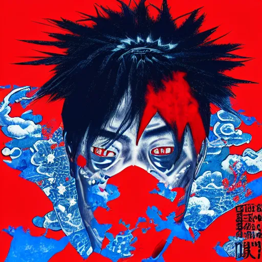 Prompt: random japanese words in the red and blue color as scarlxrd album cover