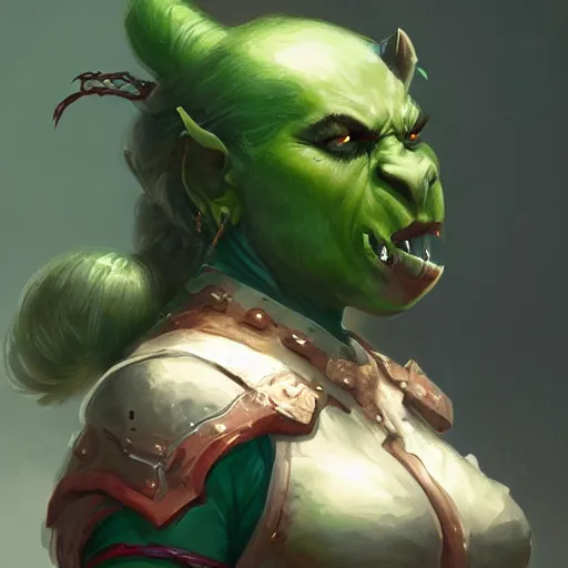 Image similar to a full bodied character portrait of a green orc warrior woman in full plate armor bald with a ponytail, by greg rutkowski, wlop, astri lohne, wei wang, trending on artstation