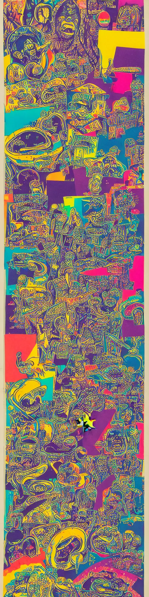 Prompt: stack of 1 9 9 0 s rap all stars, melting, graffiti monster, wild style, victor moscoso, bubble letters, magazine collage, cubism, muted but vibrant colors, muted rainbow tubing, dali, r crumb, hr giger, basil wolverton, afro tech, aztec patterns