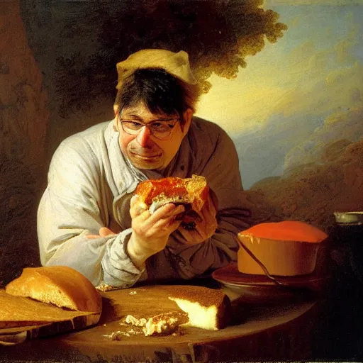 Image similar to steve albini eating a loaf of fresh bread and some good cheese or roast beef, portrait, oil on canvas, by jean - honore fragonard