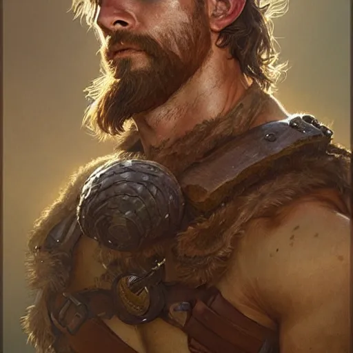 Image similar to portrait of a rugged ranger, upper body, hairy torso, D&D, fantasy, intricate, elegant, highly detailed, digital painting, artstation, concept art, matte, sharp focus, illustration, art by Artgerm and Greg Rutkowski and Alphonse Mucha