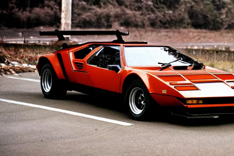 Image similar to 1975 De Tomaso Pantera BMW M1 Countach, movie still, speed, cinematic Eastman 5384 film