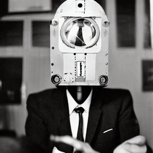 Prompt: man wearing a reel projector mask, in a suit, 1960 photograph