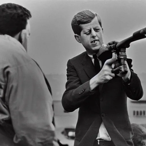 Image similar to John Kennedy holding a sniper and self aiming at the 1963 bombing, polaired