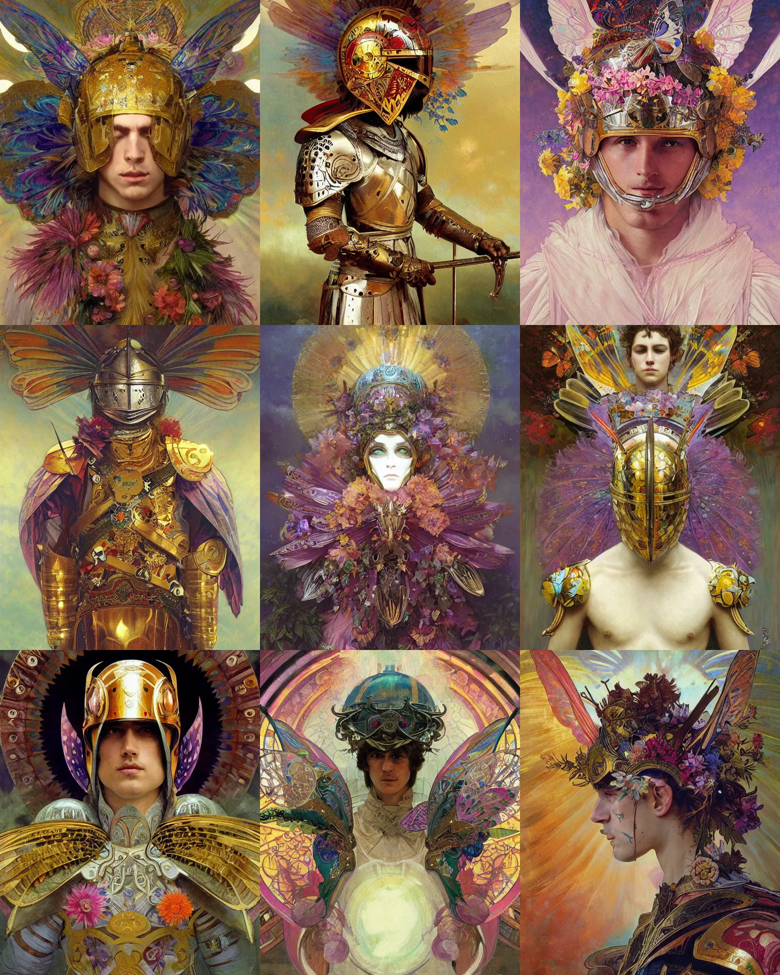 Prompt: portrait of a divine helmet winged male knight dressed in mesmerizing robes and helmet, facemask, butterfly wings, runes, butterfly, mystical, ethereal, magical colorful flowers, painting by greg rutkowski and alphonse mucha