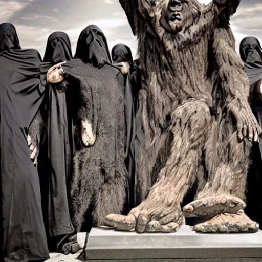 Image similar to black robed group of occultist worshipping a bigfoot statue